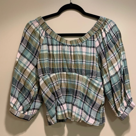 Free People Teagan Blouse with volume sleeves in plaid blue - Picture 2 of 4